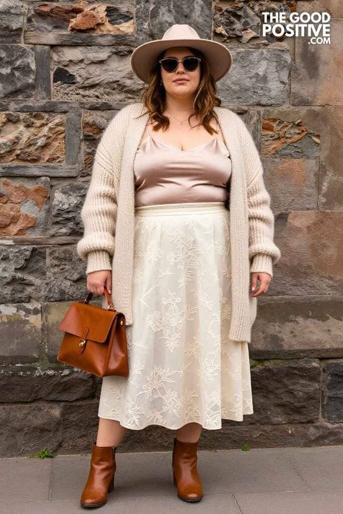 Plus Size Broderie Anglaise Midi Skirt With Fitted Cami Top Scottish Summer Travel Outfit