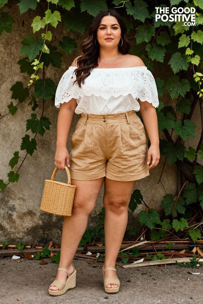 Plus Size Broderie Anglaise Off-Shoulder Top With Linen Shorts Outfit