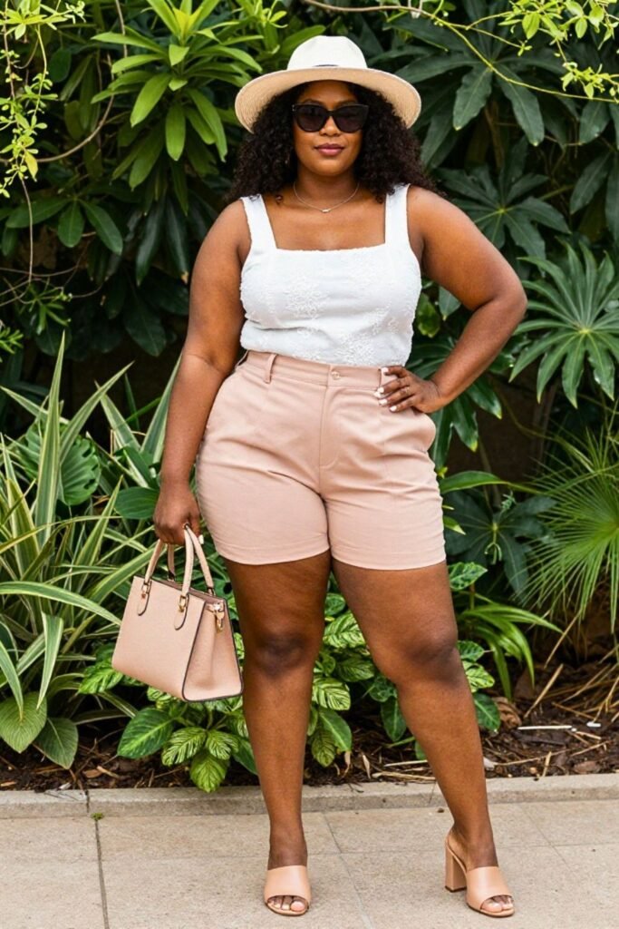 Plus Size Broderie Anglaise Square Neck Top With High-Waisted Tailored Bermuda Shorts Outfit