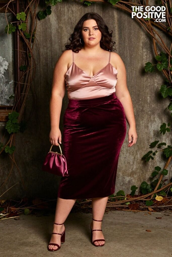 Plus Size Burnout Velvet Midi Skirt With Fitted Camisole Top Outfit