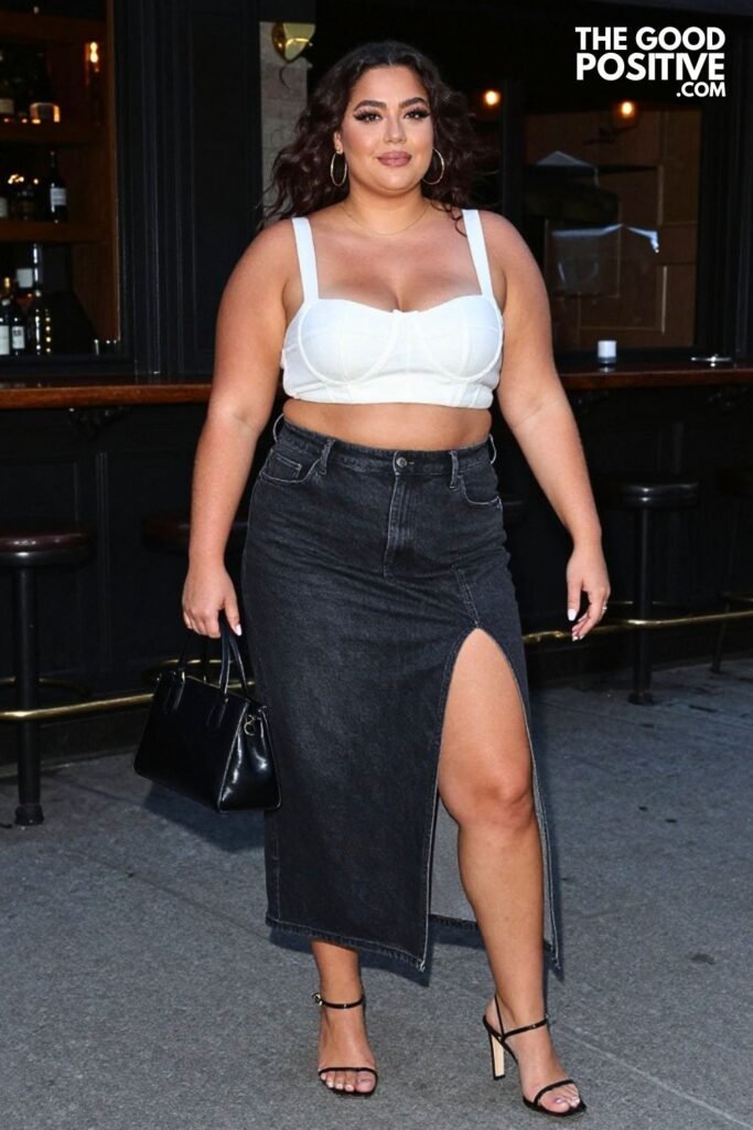Plus Size Bustier Crop Top With High-Waist Denim Maxi Skirt Outfit