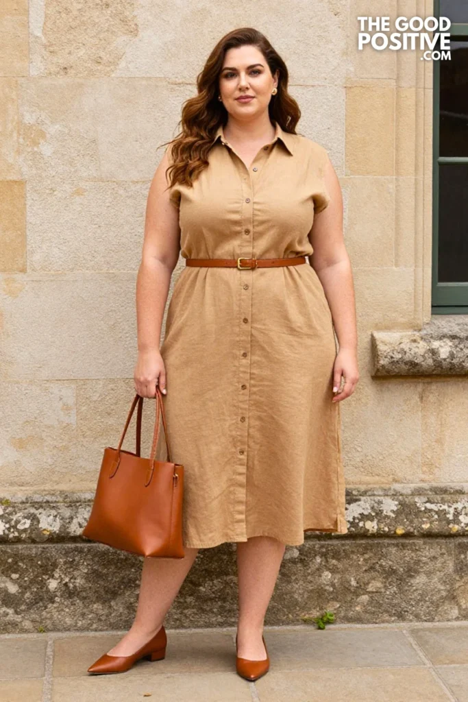 Plus Size Camel Linen Shirtdress Belted at the Waist Outfit