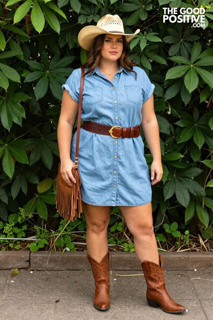 Plus Size Chambray Button-Front Sundress With Western Boots Outfit