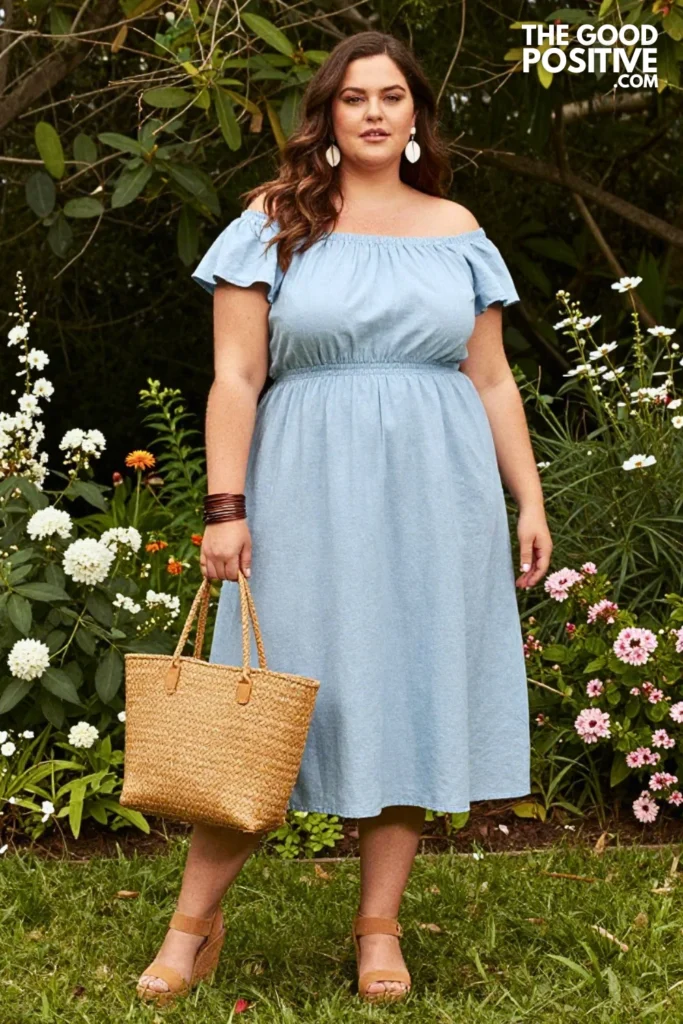 Plus Size Chambray Off-Shoulder Dress With Wedge Sandals And Woven Bag Outfit