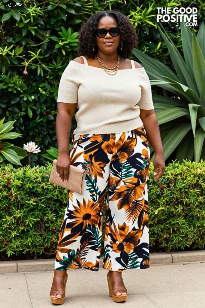 Plus Size Cold-Shoulder Textured Knit Top With Printed Wide-Leg Trousers Outfit