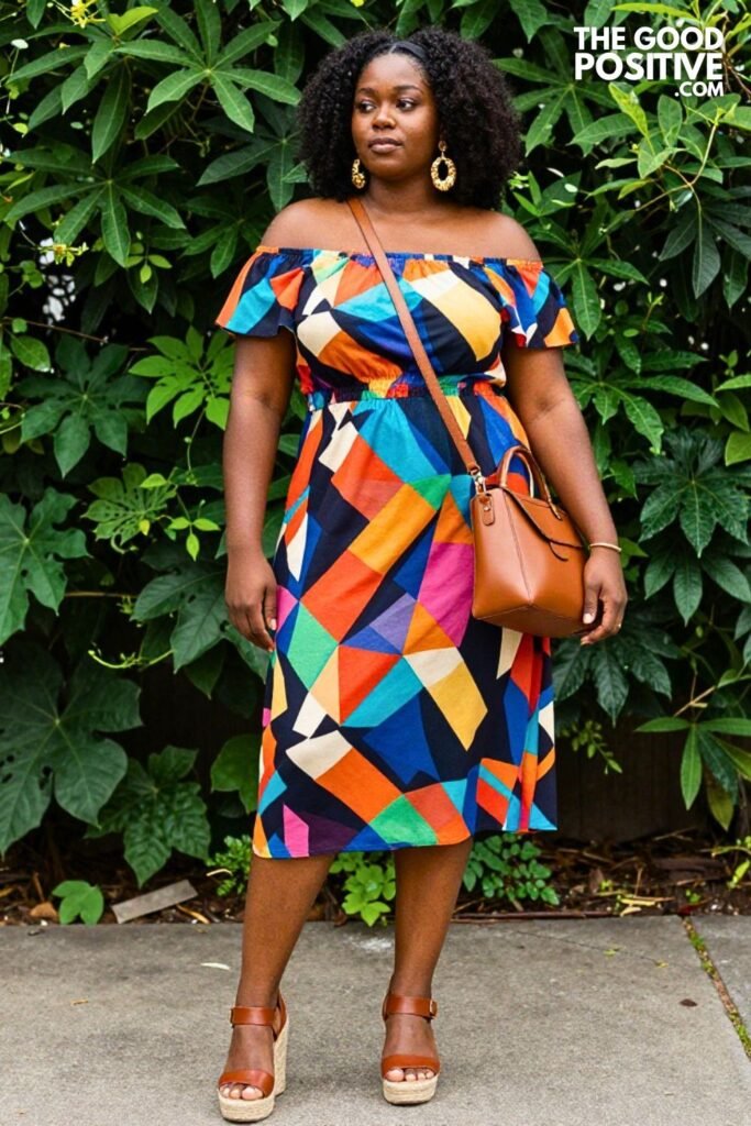 Plus Size Colorful Geometric Print Sundress With Structured Crossbody and Wedge Outfit