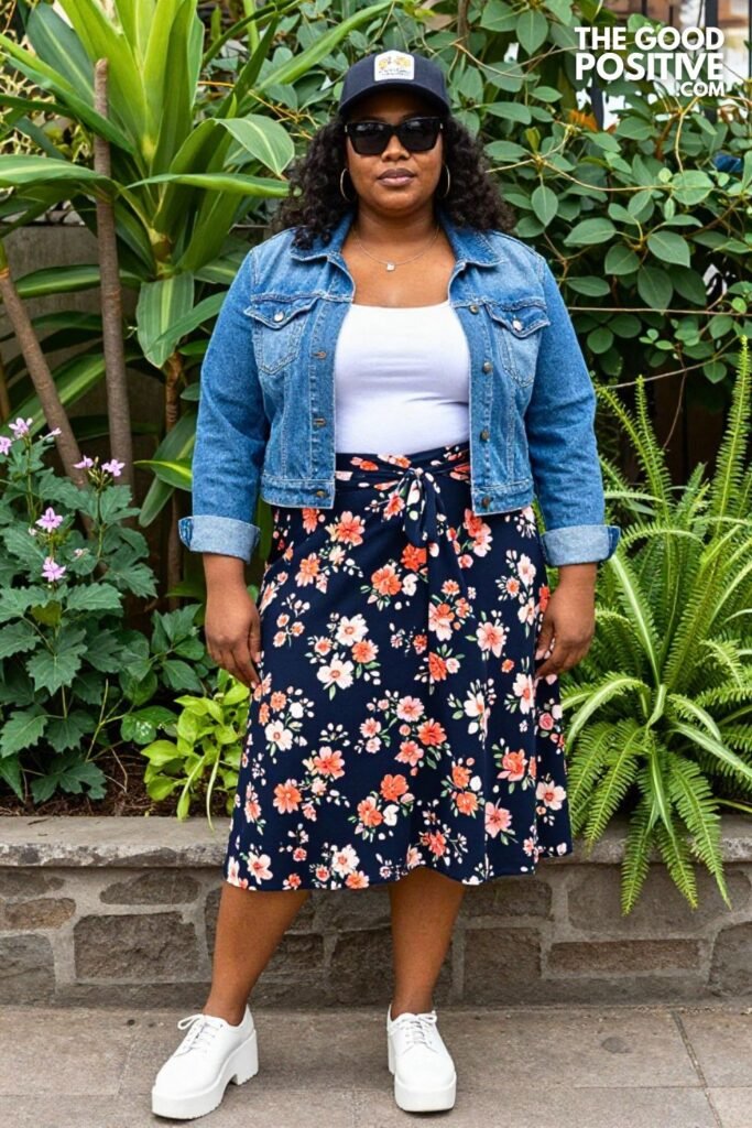Plus Size Contrast Stitch Denim Jacket With Floral Midi Wrap-Front Skirt Outfit