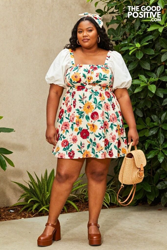 Plus Size Cottagecore Ditsy Floral Sundress With Puff Sleeve Outfit