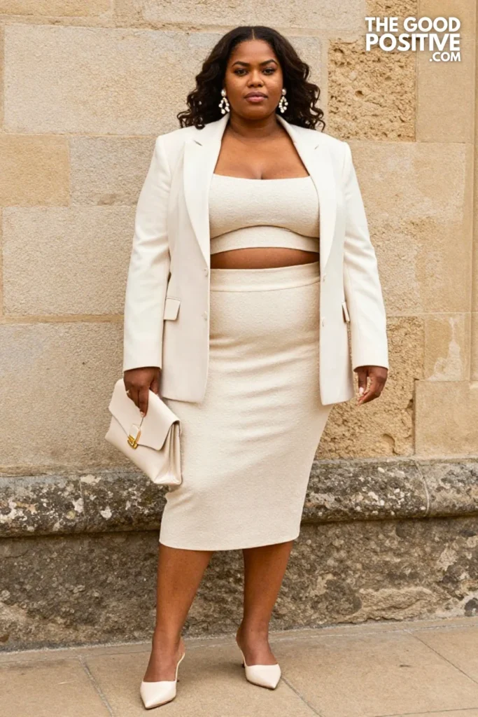 Plus Size Cream Jacquard Co-Ord Set with Structured Blazer Outfit