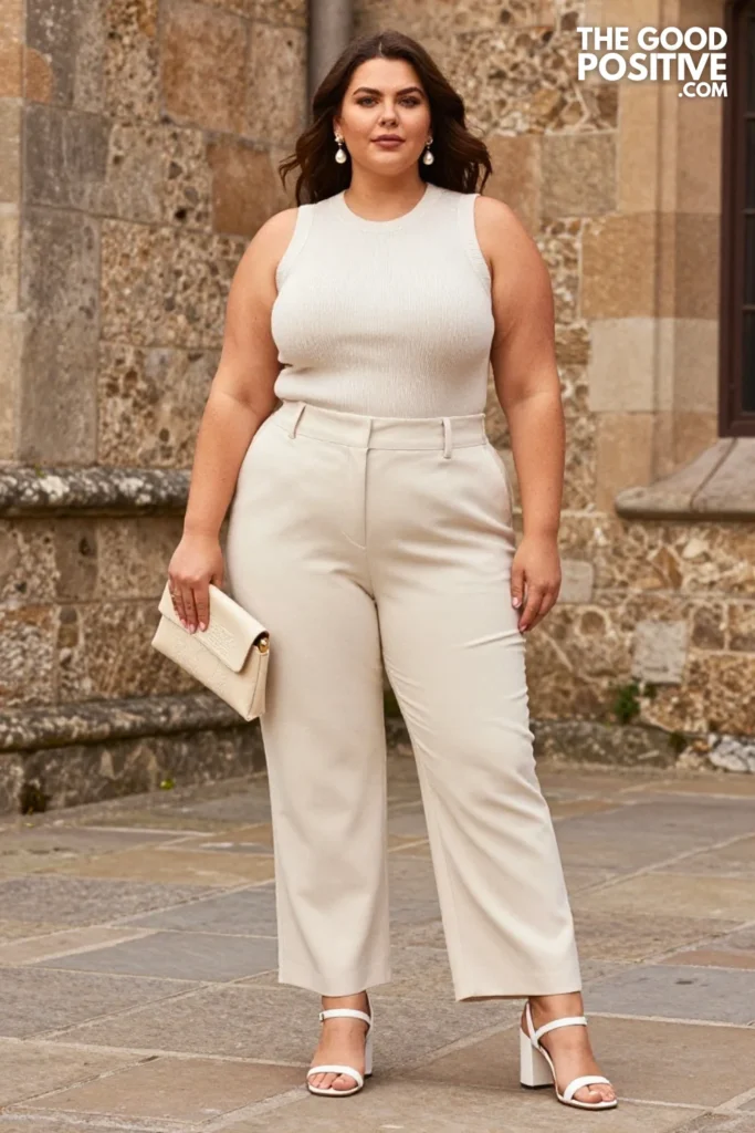 Plus Size Cream Knit Top and Tailored High-Waist Palazzo Trousers Outfit