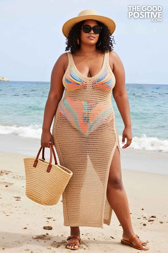 Plus Size Crochet Cover-Up Dress Over Swimsuit With Maxi Skirt Island Hopping Outfit