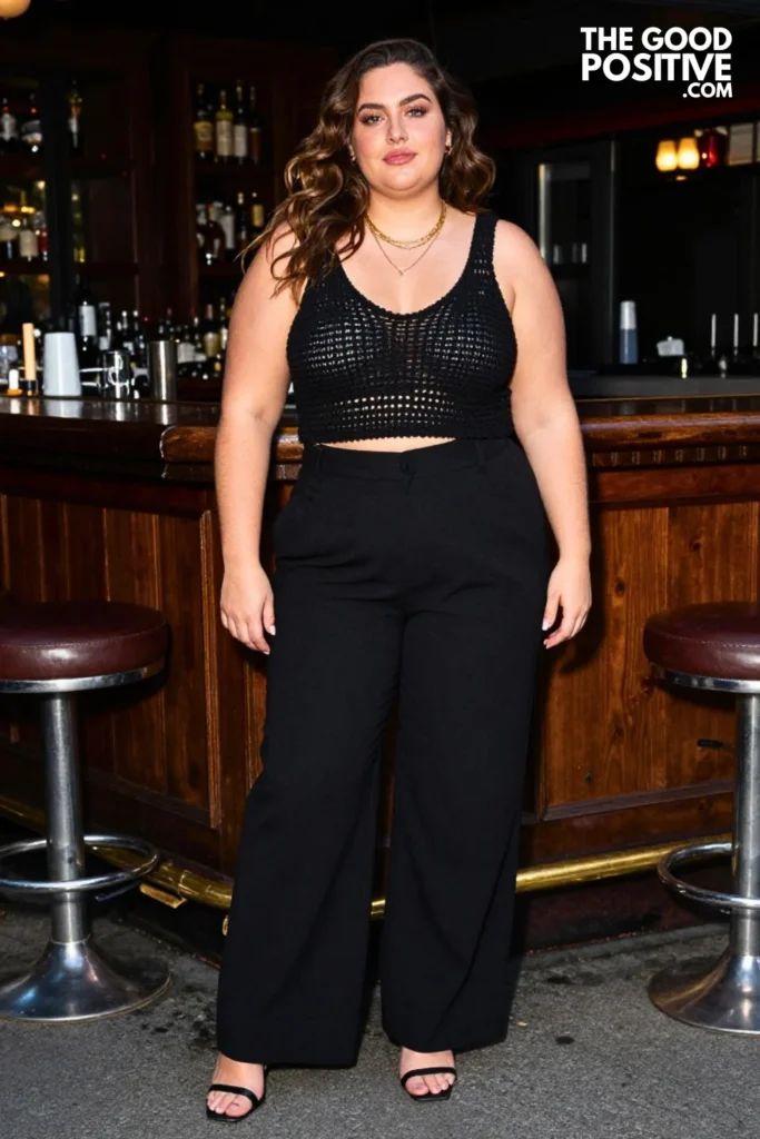 Plus Size Crochet Crop Top With Tailored Wide-Leg Trousers Outfit