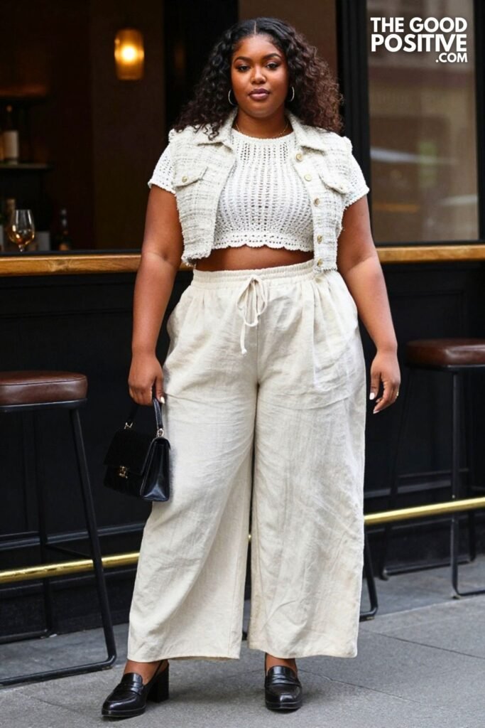 Plus Size Crochet Cut-Out Crop Top With Wide-Leg Linen Trousers Outfit