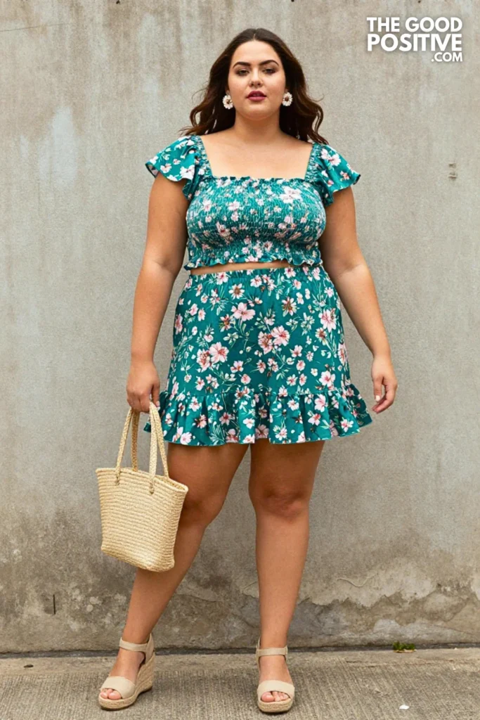 Plus Size Cute Floral Ruffle Mini Skirt With Smocked Crop Top Outfit
