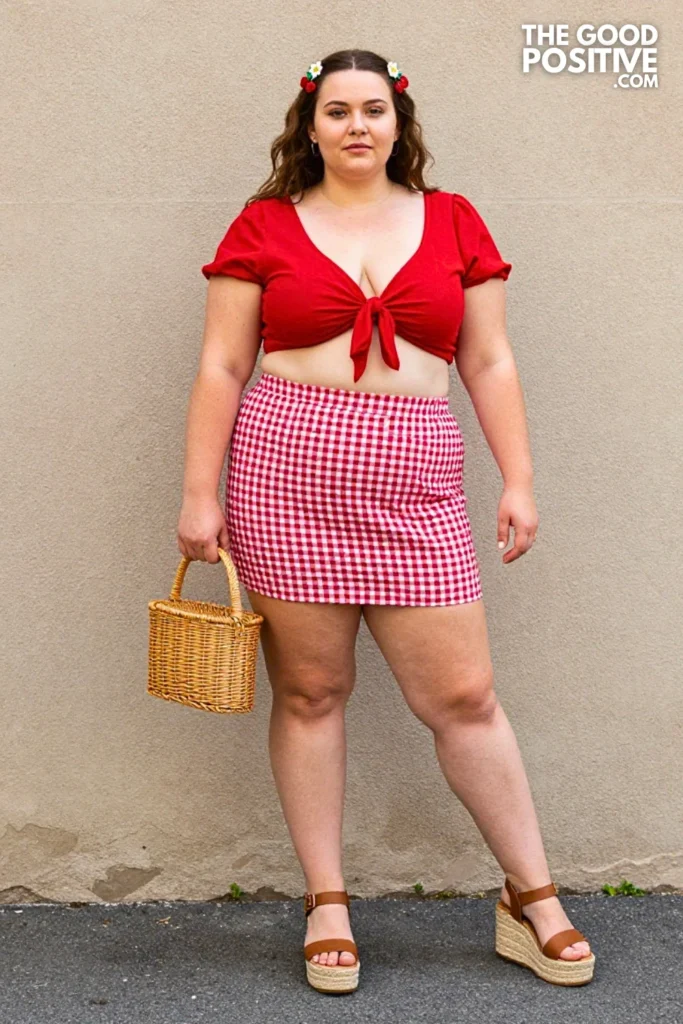 Plus Size Cute Summer Picnic Outfit With Gingham Mini Skirt And Tie-Front Top