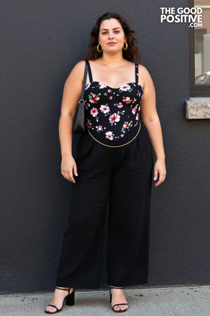 Plus Size Dark Floral Corset Top With Wide-Leg Linen Pants Outfit