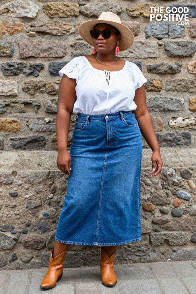 Plus Size Denim Maxi Skirt With Embroidered Peasant Blouse Outfit