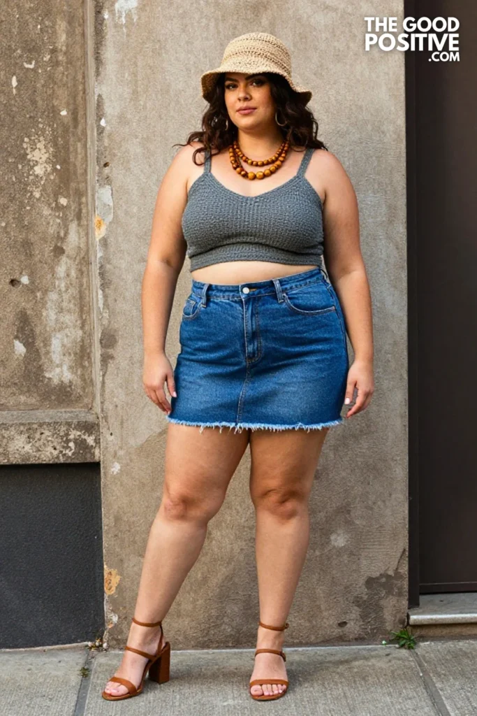 Plus Size Denim Mini Skirt With Crochet Crop Top Trendy Outfit