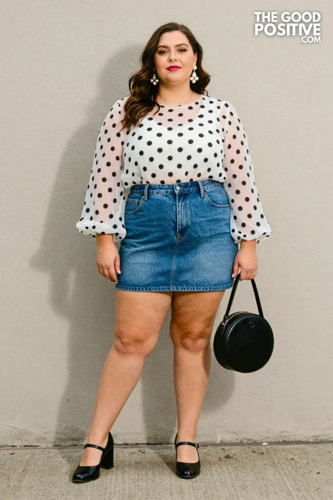 Plus Size Denim Mini Skirt With Sheer Polka Dot Blouse Vintage-Inspired Outfit