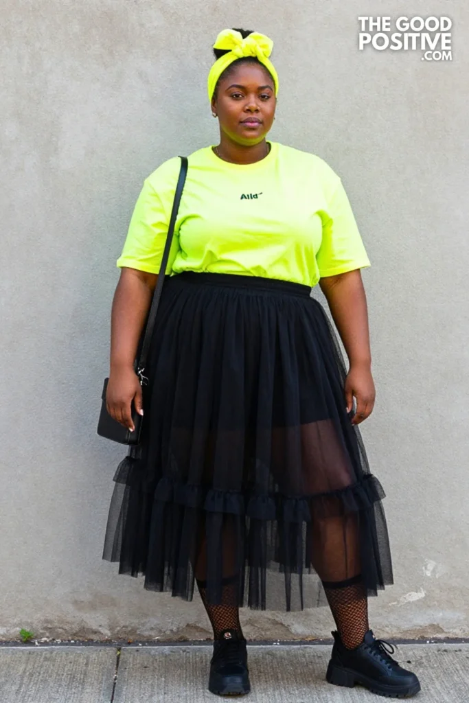 Plus Size Dopamine Dressing Alt Neon Graphic Tee With Tulle Skirt Outfit