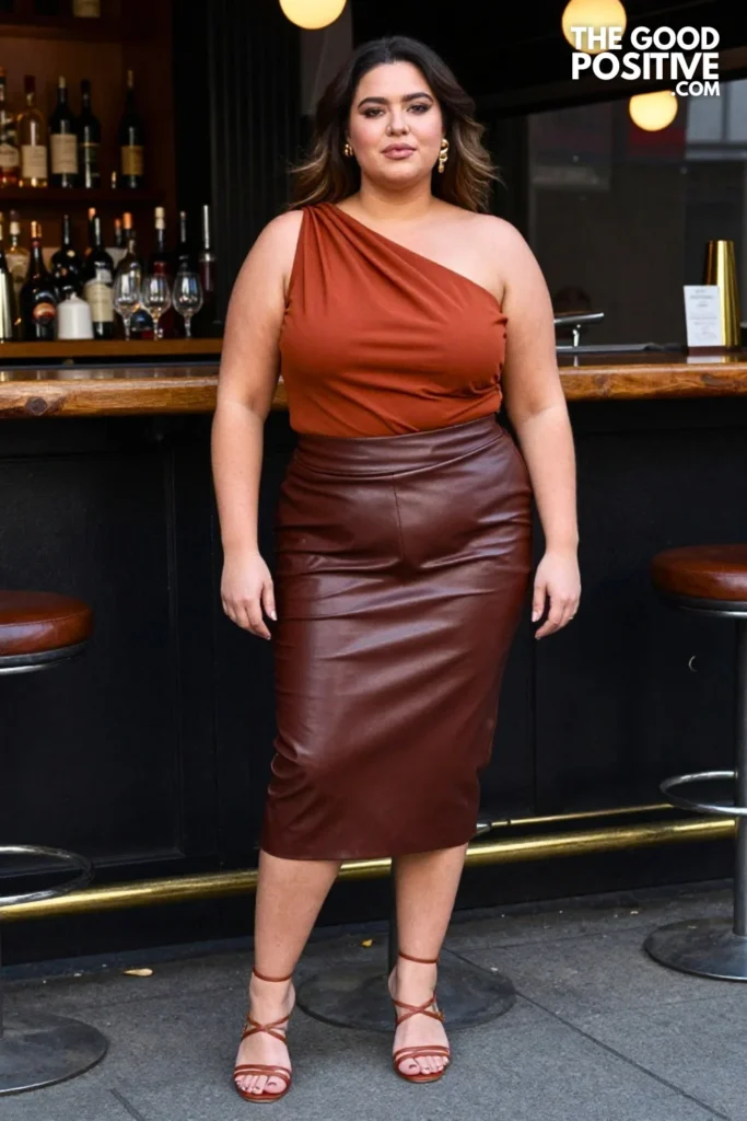 Plus Size Draped One-Shoulder Top With Leather-Look Midi Skirt Outfit