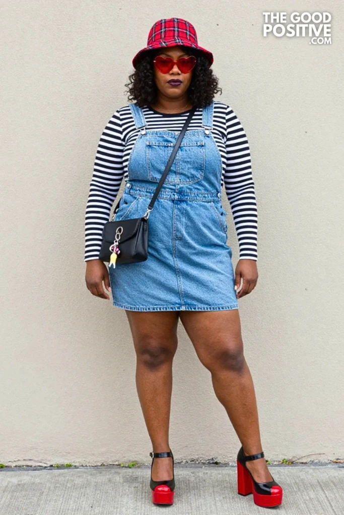Plus Size E-Girl Aesthetic Striped Long Sleeve Under Denim Pinafore Outfit