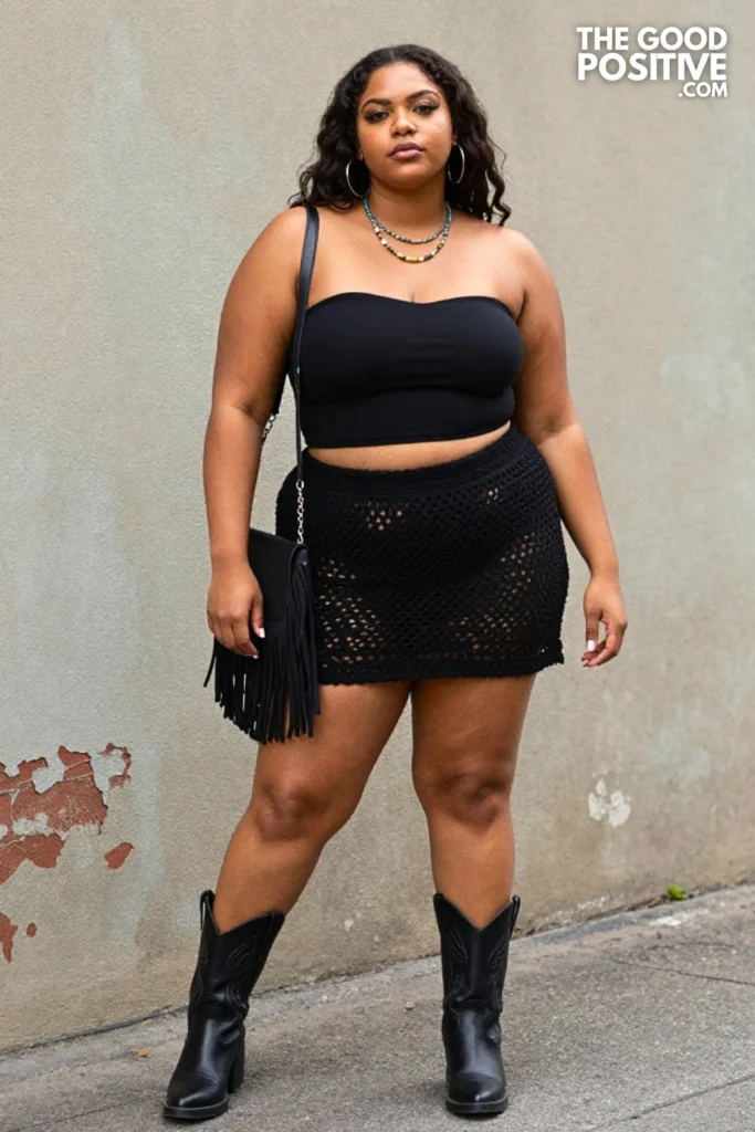 Plus Size Festival Outfit With Crochet Mini Skirt And Fitted Bandeau Tube Top