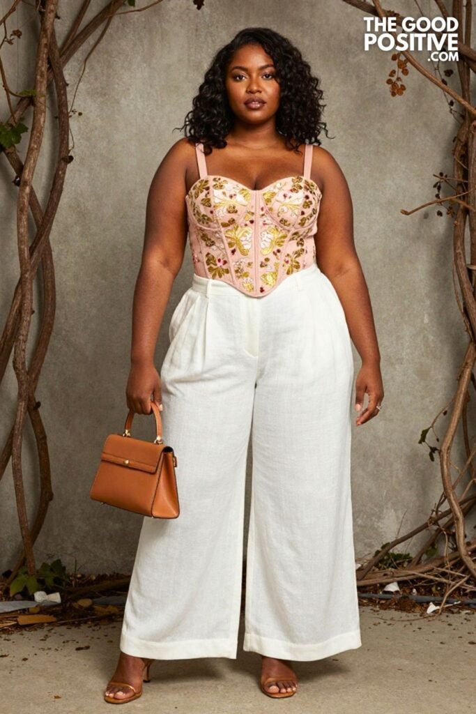 Plus Size Floral Corset Bodice Top With Wide-Leg Linen Trousers Outfit