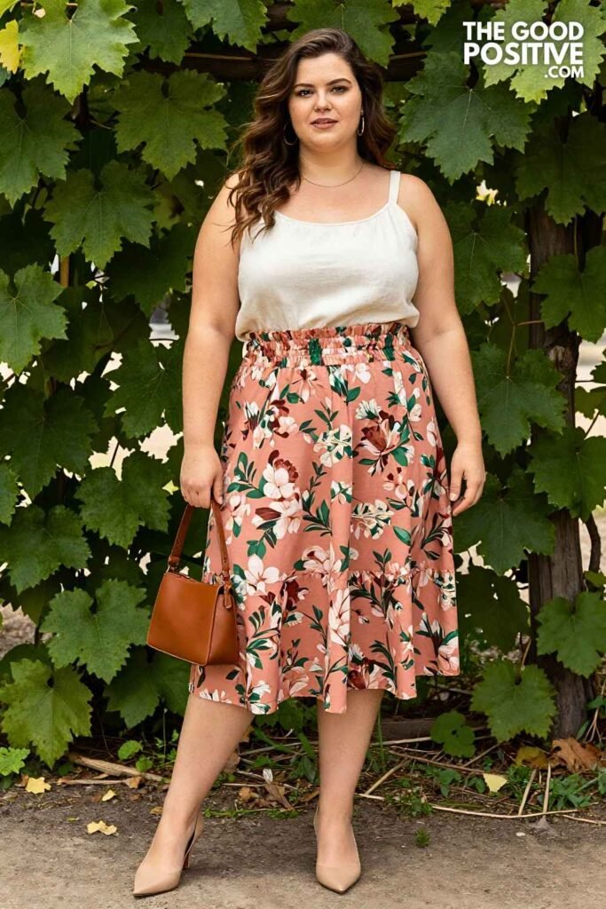 Plus Size Floral Midi Skirt With Fitted Linen Blouse Outfit