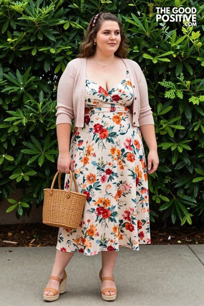 Plus Size Floral Print Sundress With Cropped Cardigan and Espadrille Wedge Outfit