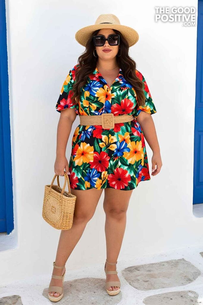 Plus Size Floral Shirt Dress With Woven Belt Boho Mediterranean Travel Outfit