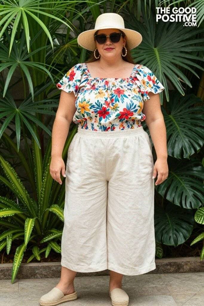 Plus Size Floral Smock Top With Wide-Leg Linen Shorts Outfit