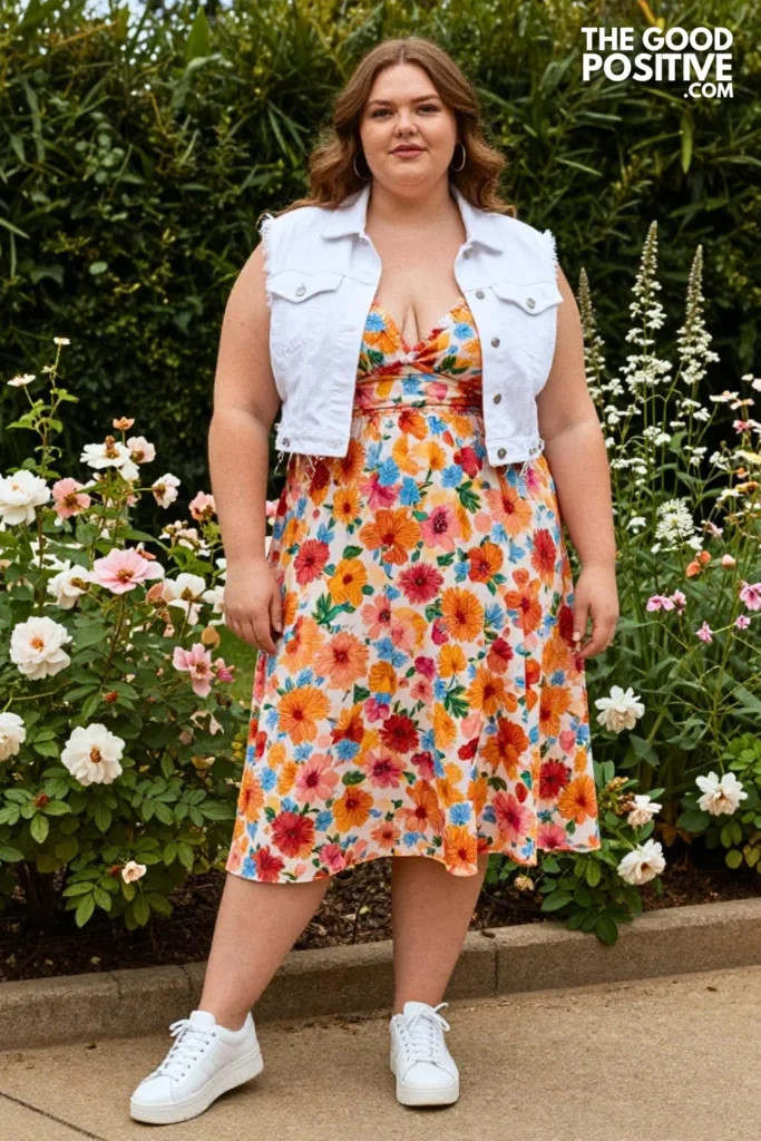 Plus Size Floral Sundress With Denim Jacket And White Sneakers Outfit