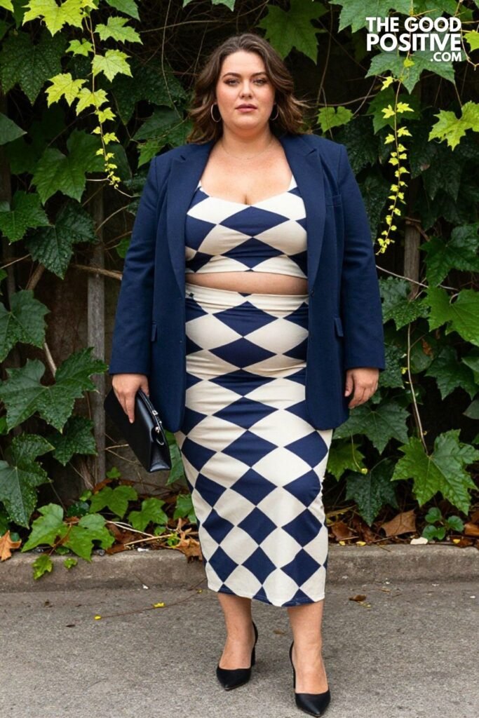 Plus Size Geometric Print Co-ord Set With Blazer Outfit