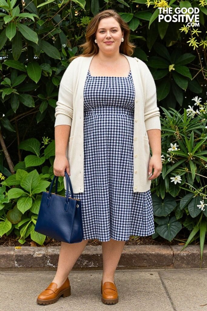 Plus Size Gingham Check Sundress With Preppy Cardigan and Loafers Outfit