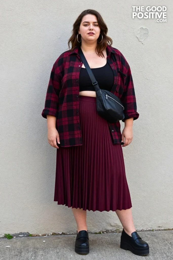 Plus Size Grunge Plissé Midi Skirt With Oversized Graphic Flannel Outfit