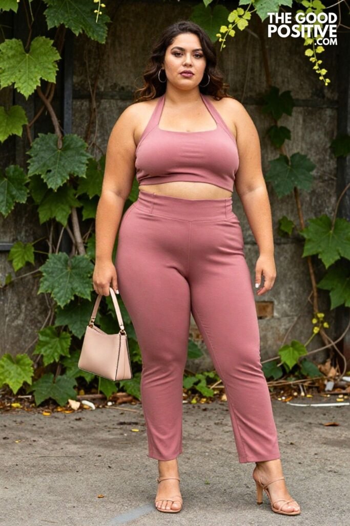 Plus Size Halter Neck Crop Top With High-Waisted Palazzo Trousers Outfit