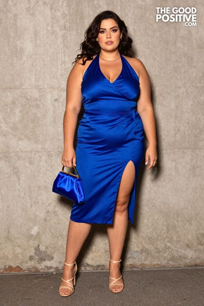 Plus Size Halter Neck Satin Midi Dress With Thigh-High Slit Outfit