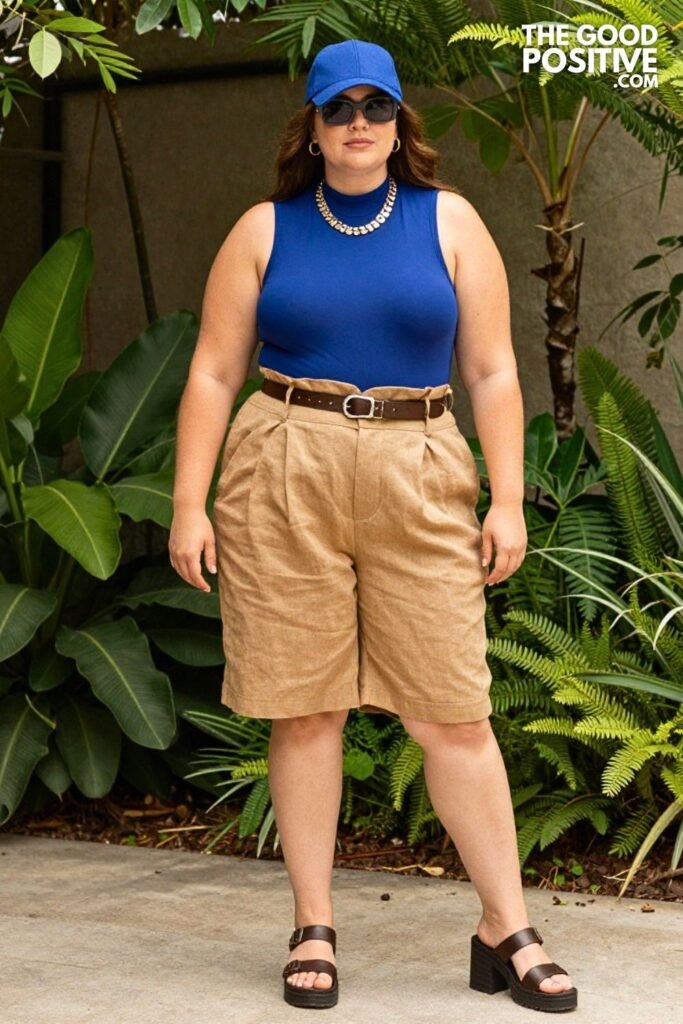 Plus Size High-Neck Sleeveless Bodysuit With Paperbag Waist Bermuda Shorts Outfit