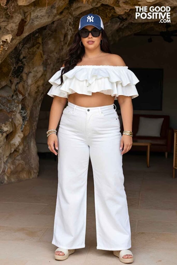 Plus Size High-Waist Wide-Leg Jeans With Off-Shoulder Ruffle Top Coastal Casual Outfit