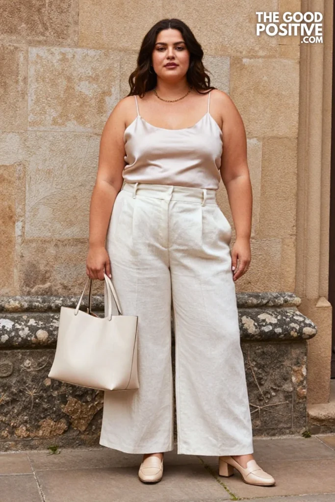 Plus Size Ivory Linen Wide-Leg Trouser and Silk Camisole Outfit