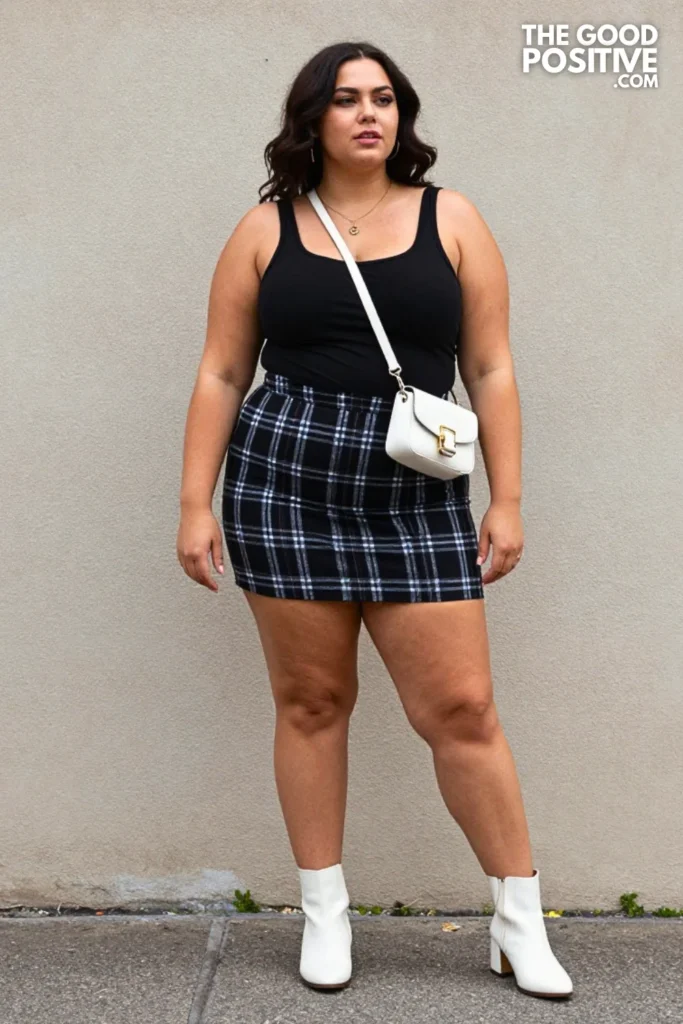 Plus Size Knee-High Boot Outfit With Plaid Mini Skirt And Fitted Mock Neck Top