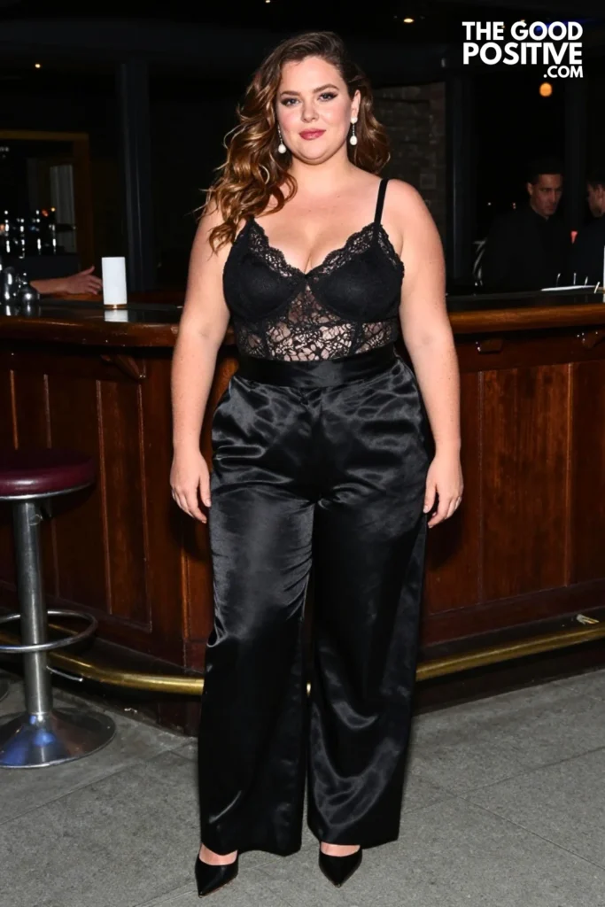 Plus Size Lace Overlay Fitted Top With Satin Wide-Leg Pants Outfit