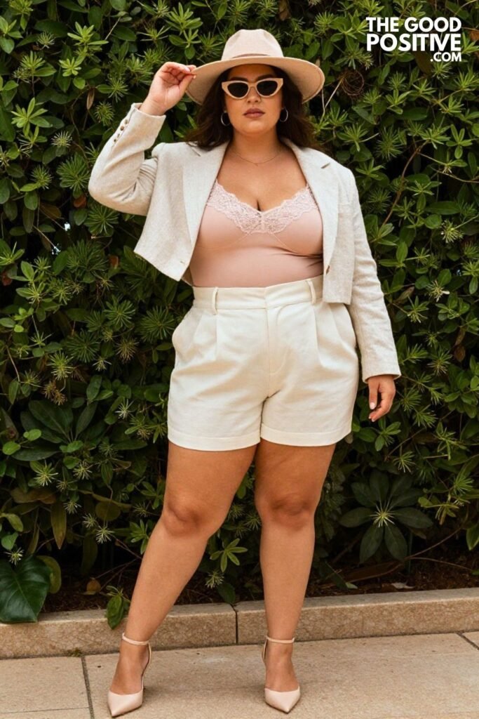 Plus Size Lace Trim Cami With High-Waisted Tailored Shorts And Blazer Outfit