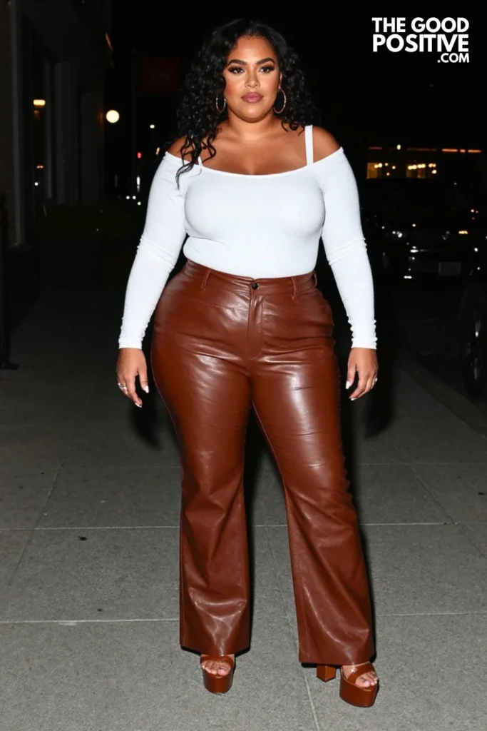 Plus Size Leather Look Flare Pants With Off-Shoulder Bodysuit Outfit