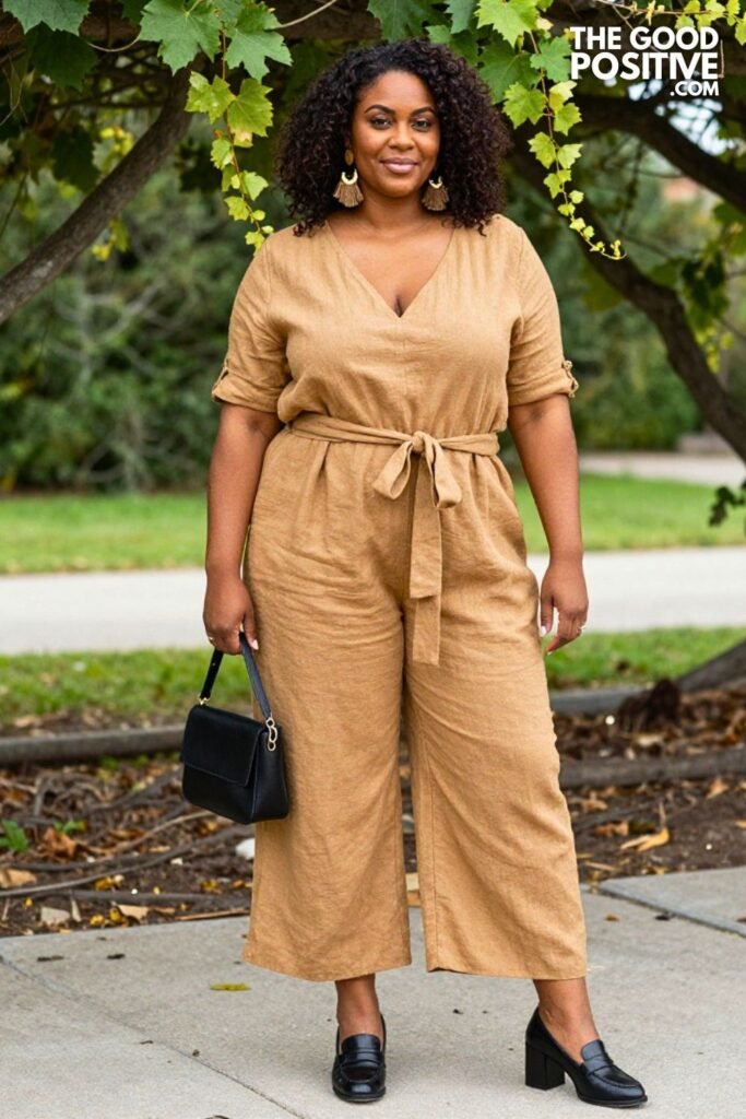 Plus Size Linen Jumpsuit With Waist Tie And Statement Earrings Outfit