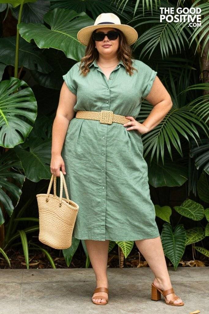 Plus Size Linen Shirt Dress With Rolled Sleeves And Belt Outfit