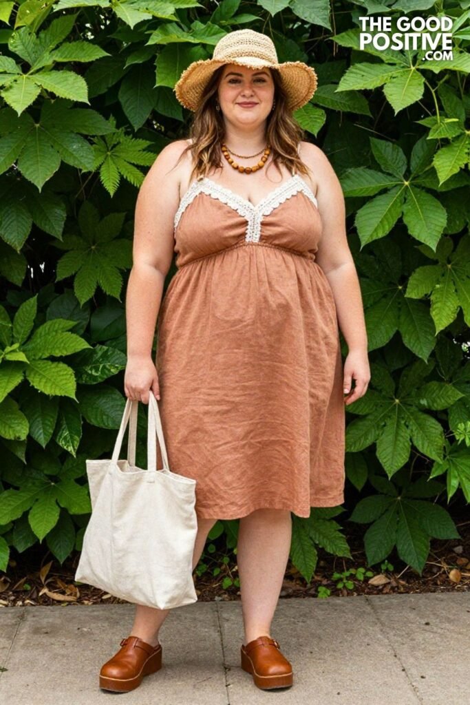 Plus Size Linen Sundress With Crochet Trim and Platform Clogs Outfit