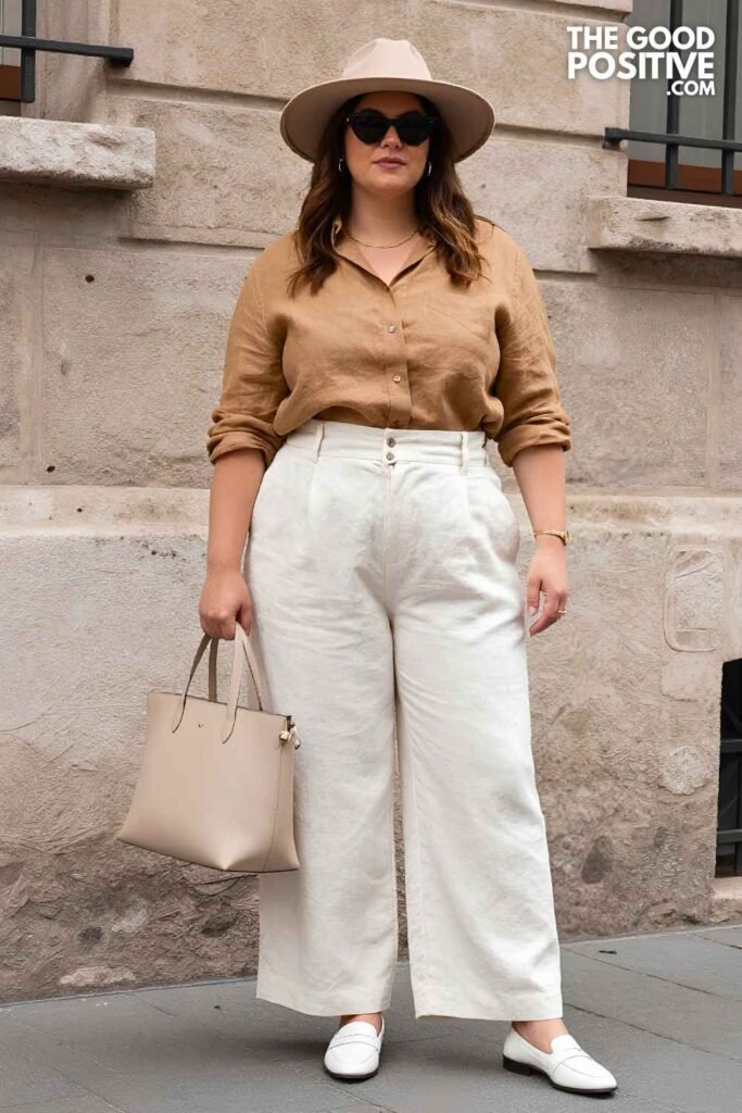 Plus Size Linen Wide-Leg Trousers With Cropped Button-Down Shirt Airport Outfit