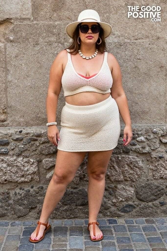 Plus Size Matching Crochet Co-ord Set With Bandeau Lining Outfit